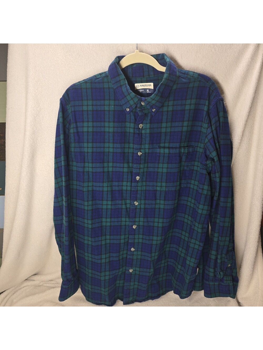 Magellan Outdoors Flannel Shirt Mens XL Plaid Blue Green Cotton Cabincore